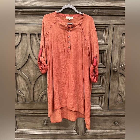 EUC Women’s Plus UMGEE Rust Orange Long Sleeve/Roll Tab Sleeve Boho Dress (1X) - Picture 1 of 6
